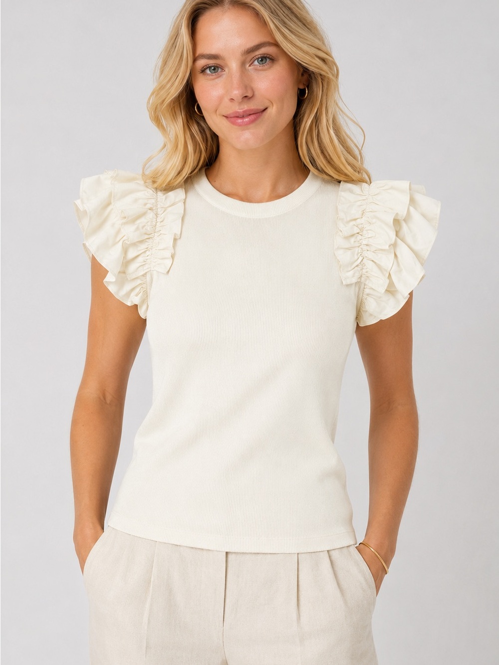 Gibson Latimer Ivory Ruffle Sleeve Ribbed Top Size L NWT